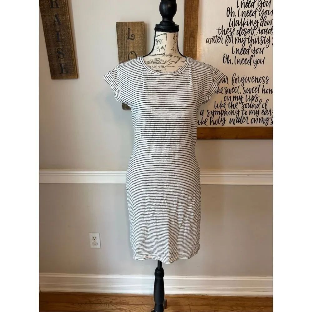J. Crew Women's Striped Cap Sleeve Tie Waist Cotton T-shirt Dress Black White XS